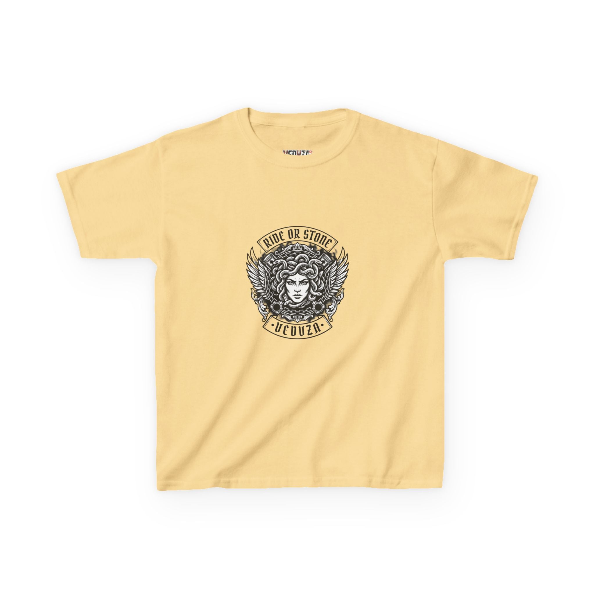 T-shirt Bambini — Grafica Mitica Medusa (Stemma Frontale "corri o ti pietrifico", Illustrazione a Colori sul Retro)