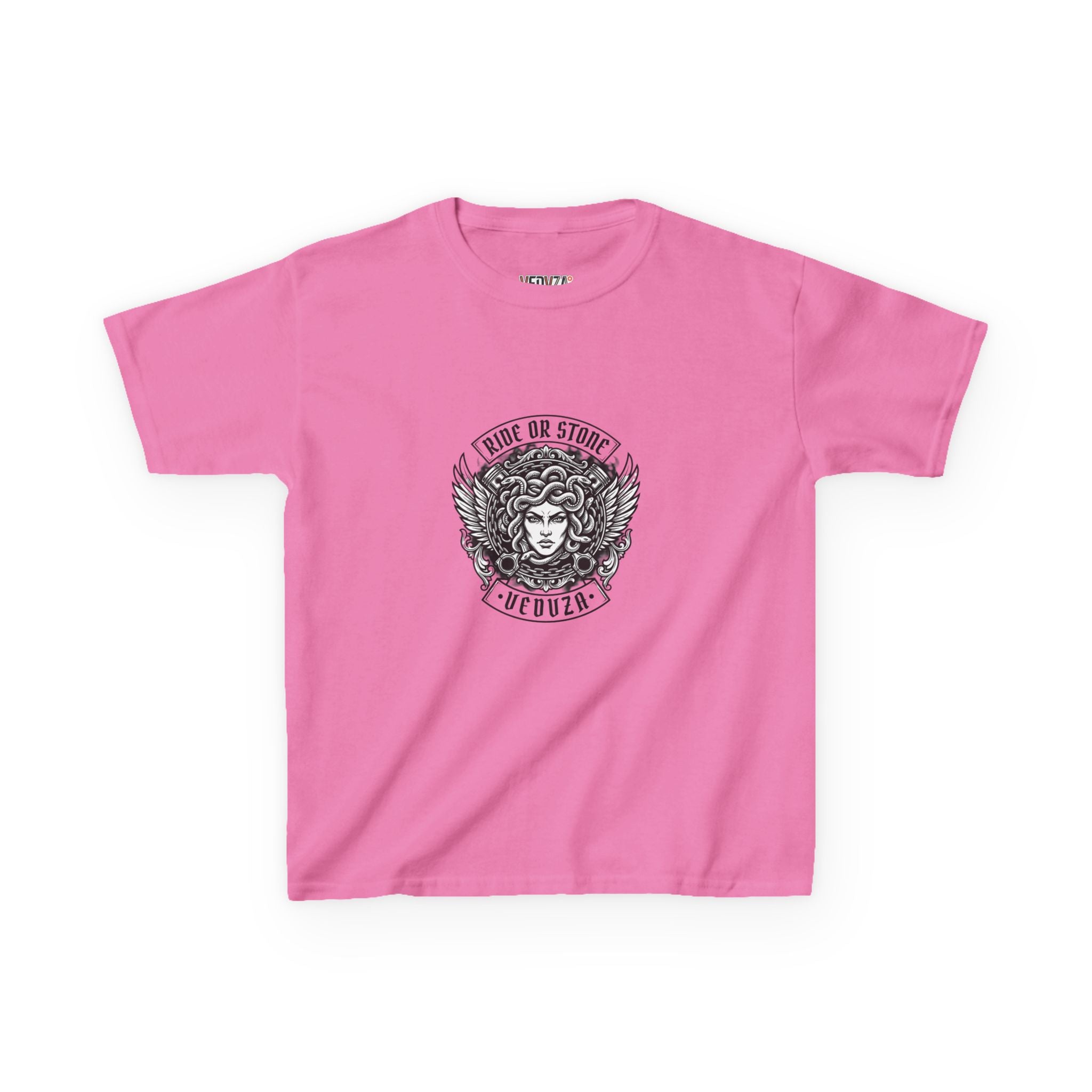 T-shirt Bambini — Grafica Mitica Medusa (Stemma Frontale "corri o ti pietrifico", Illustrazione a Colori sul Retro)