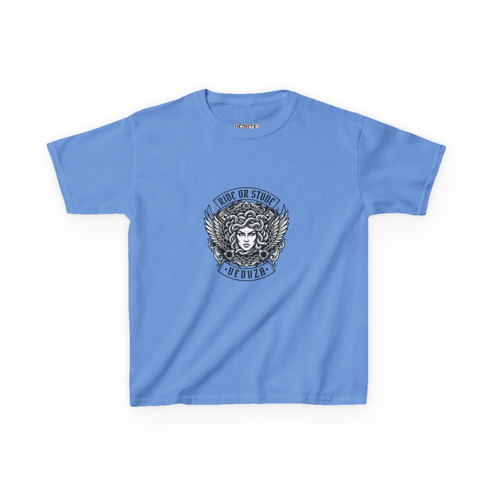 T-shirt Bambini — Grafica Mitica Medusa (Stemma Frontale "corri o ti pietrifico", Illustrazione a Colori sul Retro)