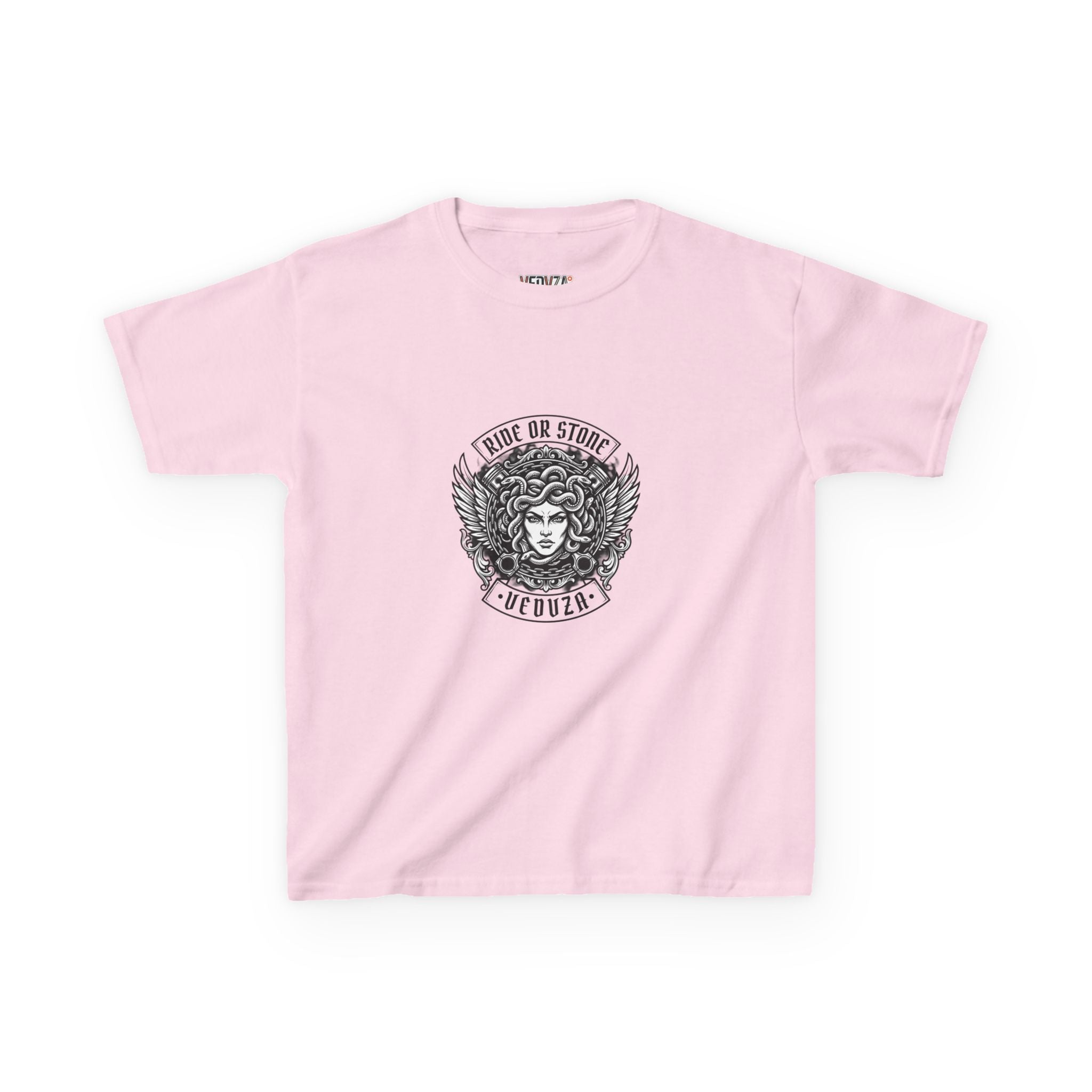 T-shirt Bambini — Grafica Mitica Medusa (Stemma Frontale "corri o ti pietrifico", Illustrazione a Colori sul Retro)