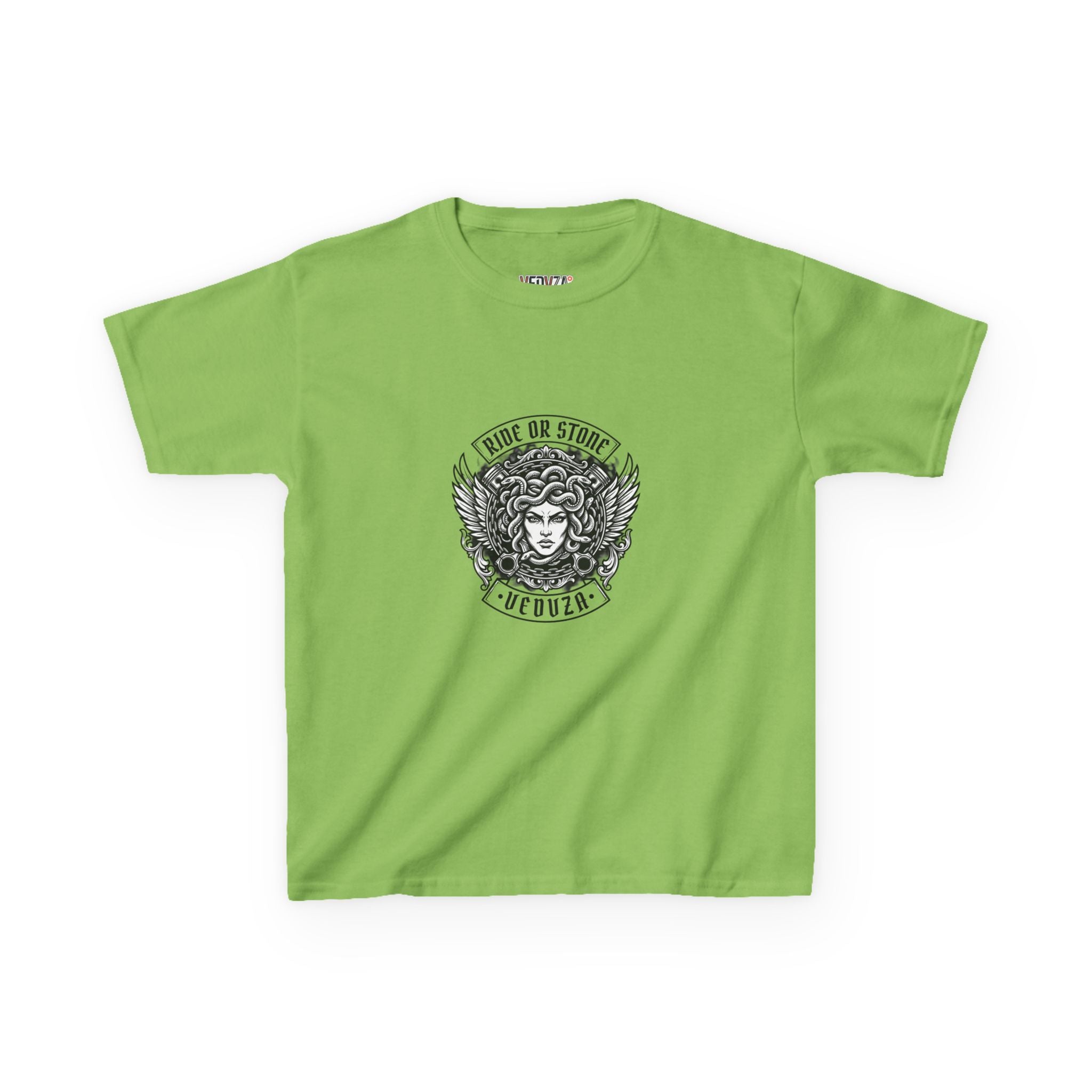 T-shirt Bambini — Grafica Mitica Medusa (Stemma Frontale "corri o ti pietrifico", Illustrazione a Colori sul Retro)