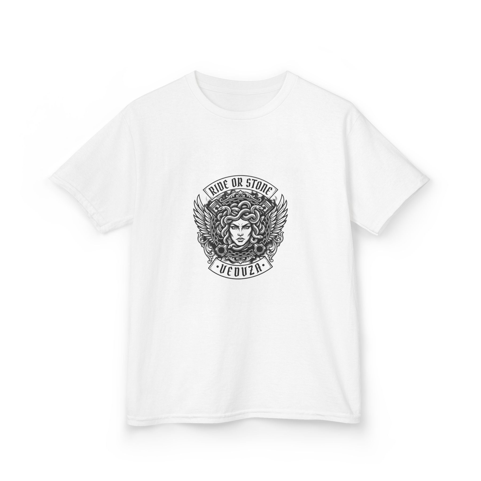 T-shirt Bambini — Grafica Mitica Medusa (Stemma Frontale "corri o ti pietrifico", Illustrazione a Colori sul Retro)