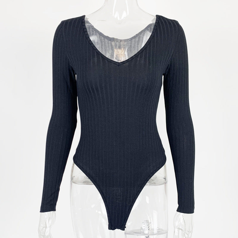 Body a costine con scollo a V e maniche lunghe