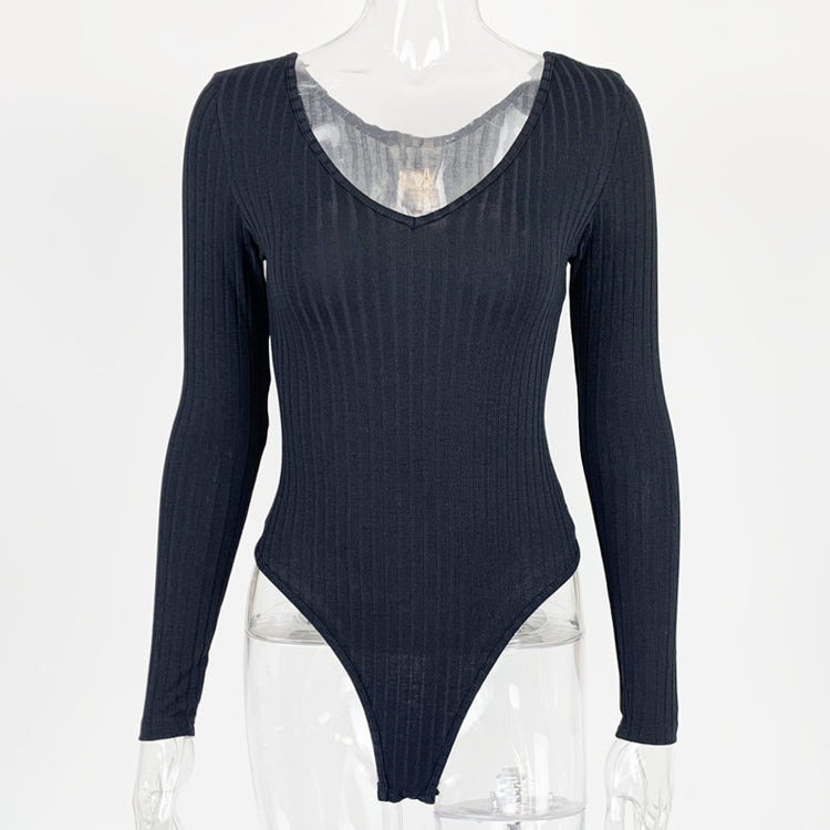 Body a costine con scollo a V e maniche lunghe