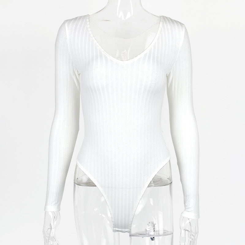 Body a costine con scollo a V e maniche lunghe