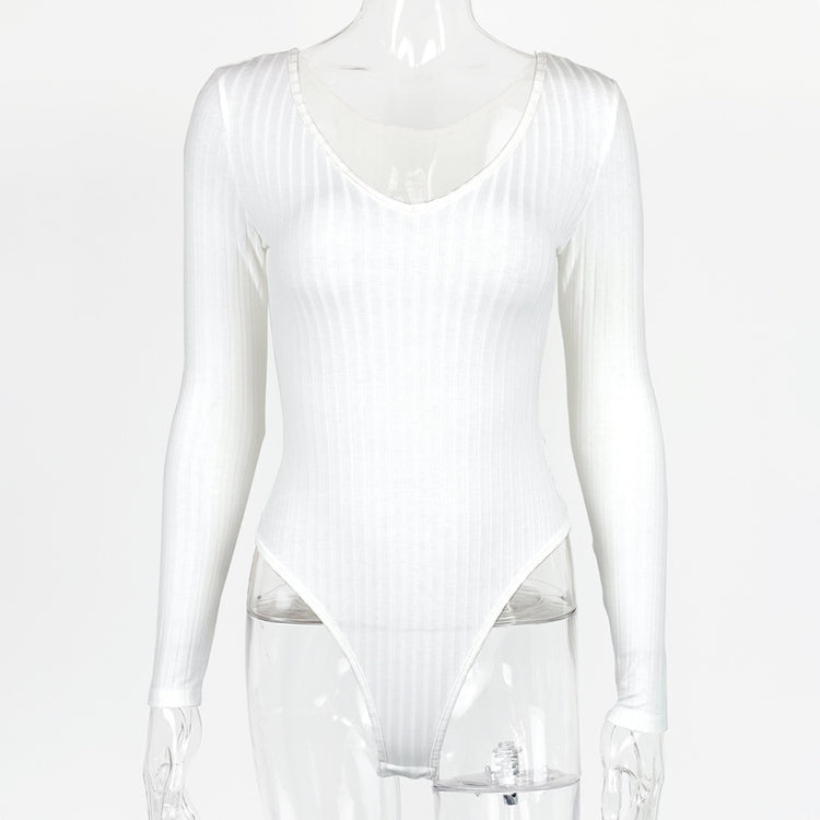 Body a costine con scollo a V e maniche lunghe