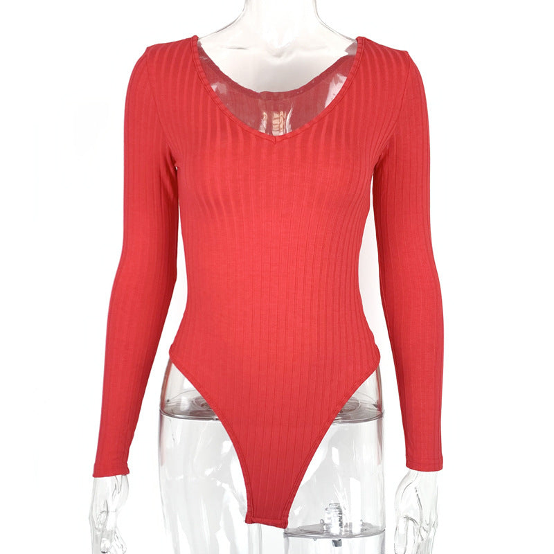 Body a costine con scollo a V e maniche lunghe
