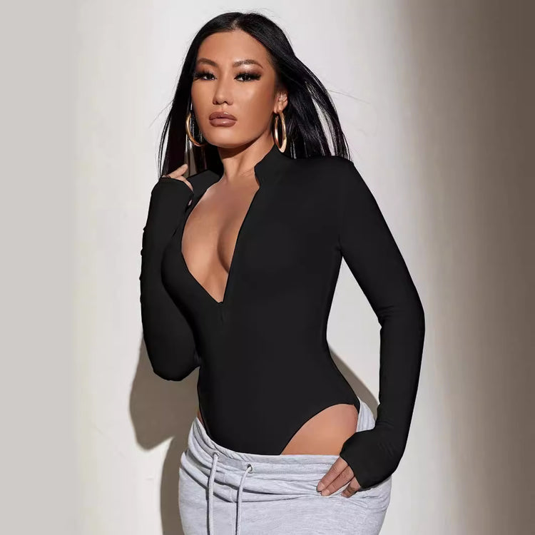 Body sgambato a maniche lunghe con zip frontale