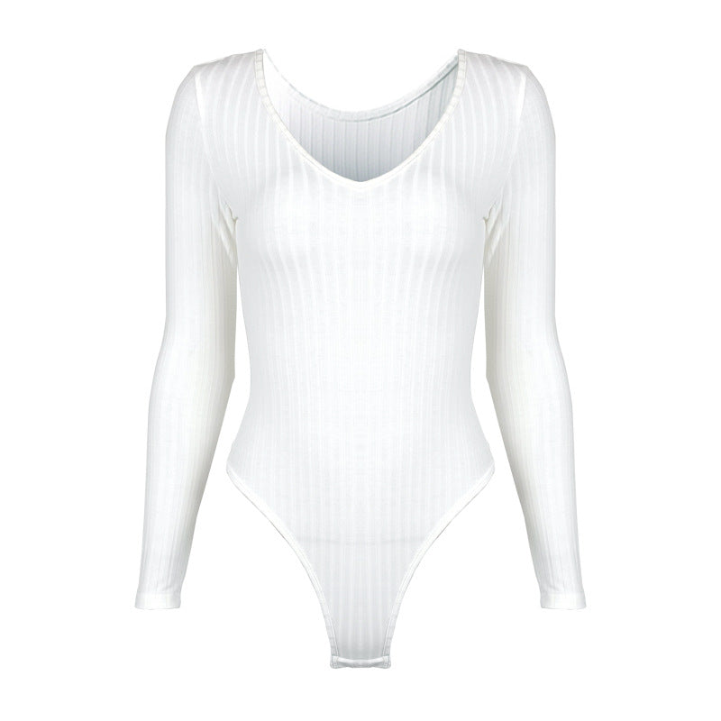 Body a costine con scollo a V e maniche lunghe