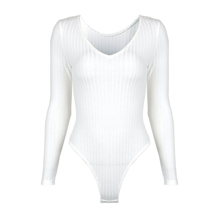 Body a costine con scollo a V e maniche lunghe