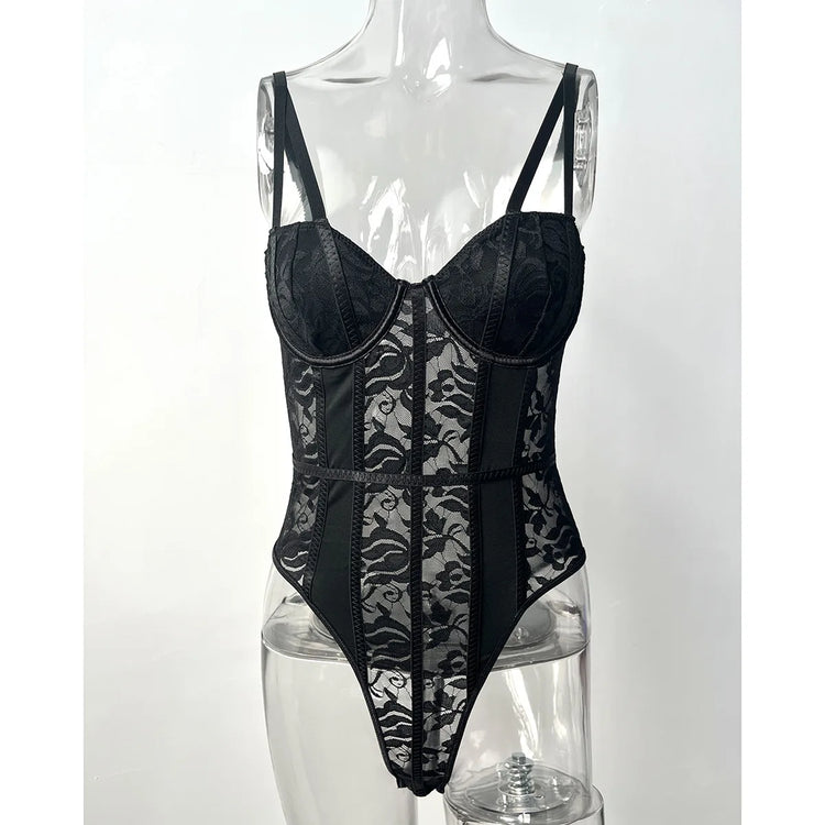 Body nero in pizzo da donna con doppie spalline