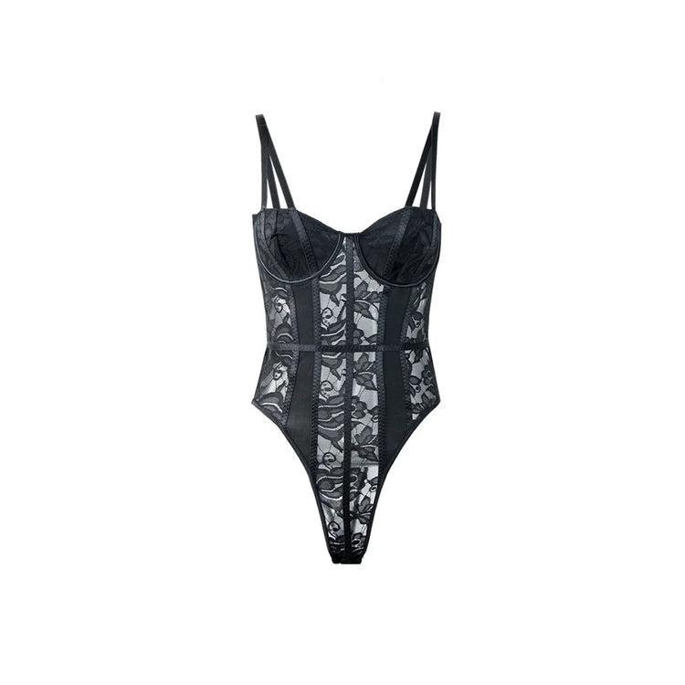 Body nero in pizzo da donna con doppie spalline