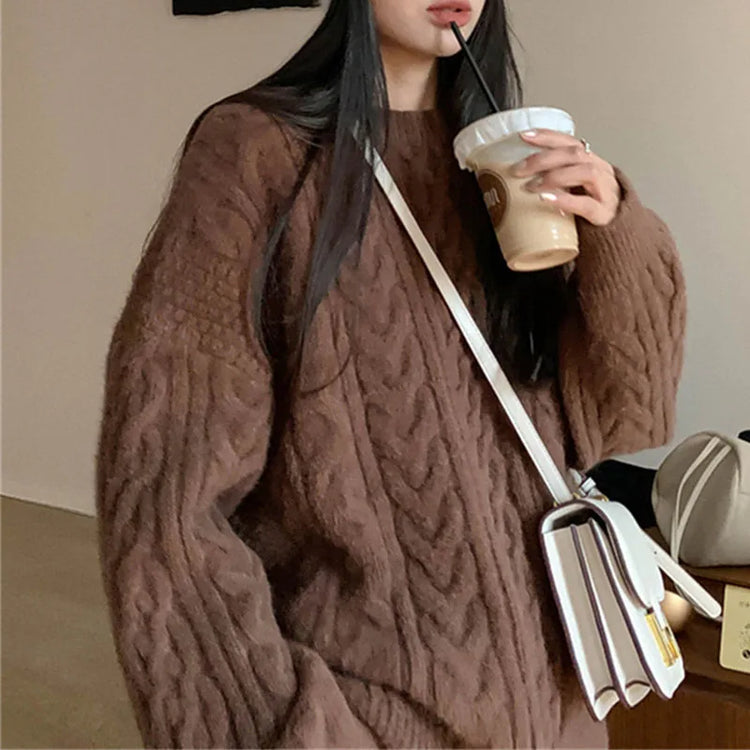 Maglione a trecce da donna con girocollo e vestibilità ampia