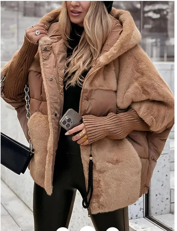 Giacca donna con cappuccio e inserti effetto pelliccia