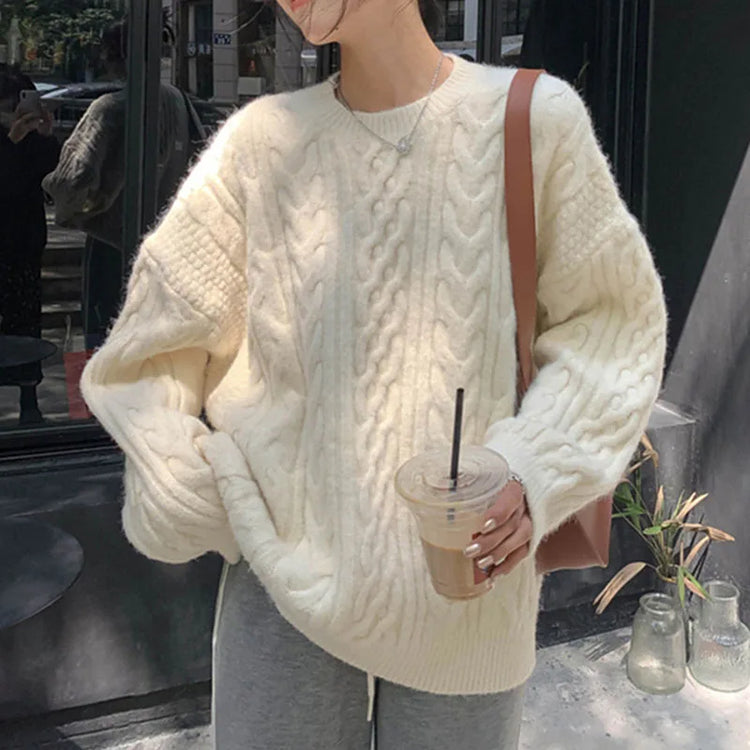 Maglione a trecce da donna con girocollo e vestibilità ampia