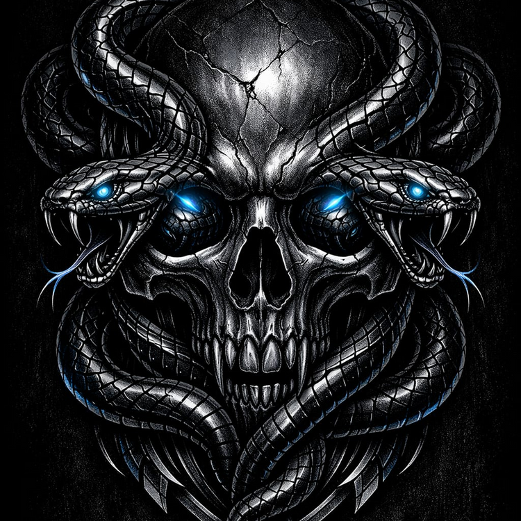 Teschio avvolto da serpenti in stile dark