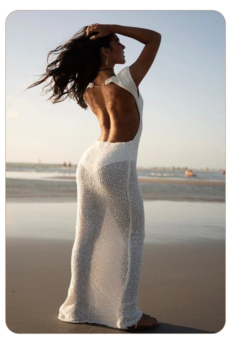 Abito Lungo Bianco Schiena Scoperta – Vestito Bodycon Senza Maniche in Maglia Estate 2026