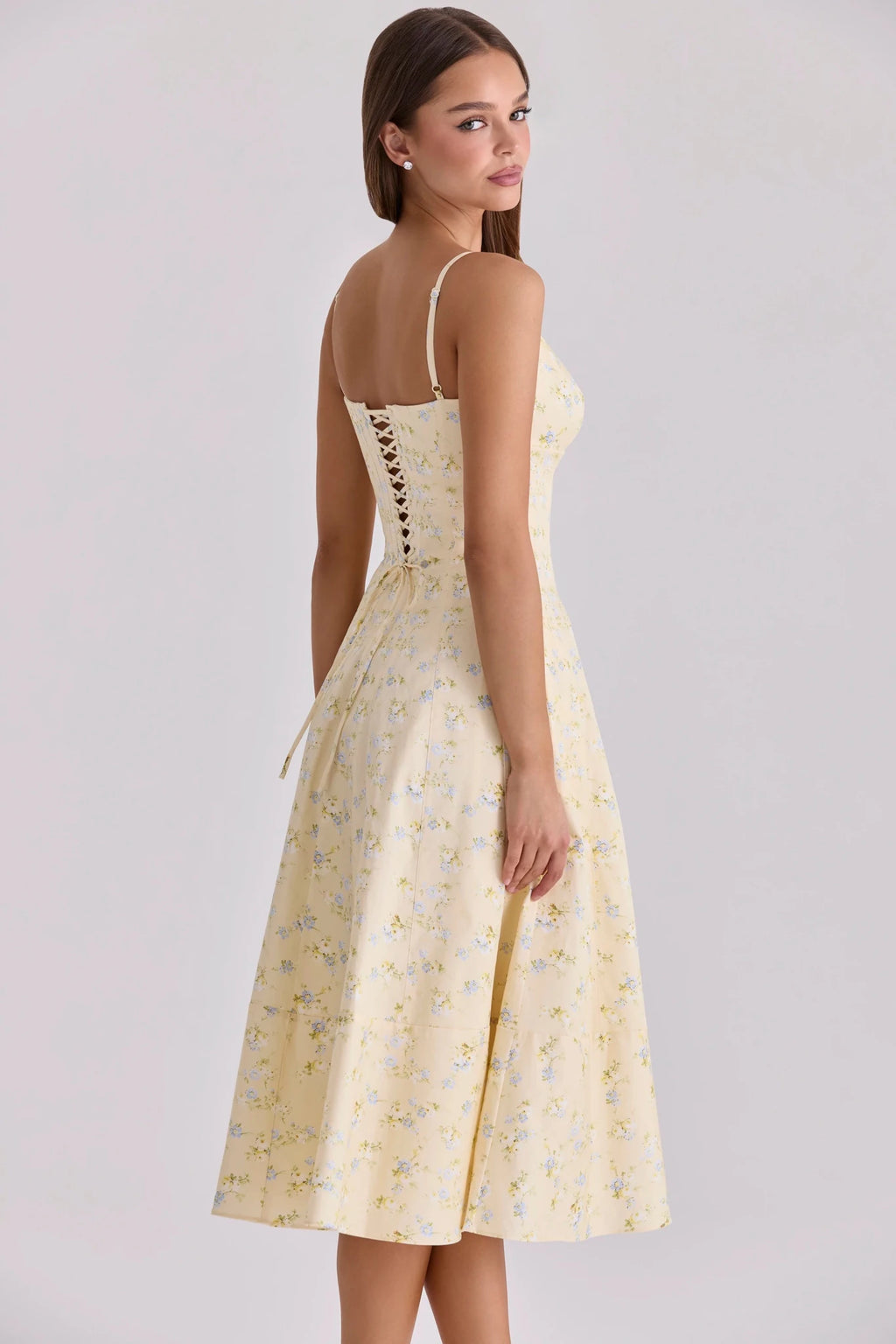 Vestito Midi Floreale Donna — Scollo a V, Allacciatura sul Retro, Linea A, Senza Maniche