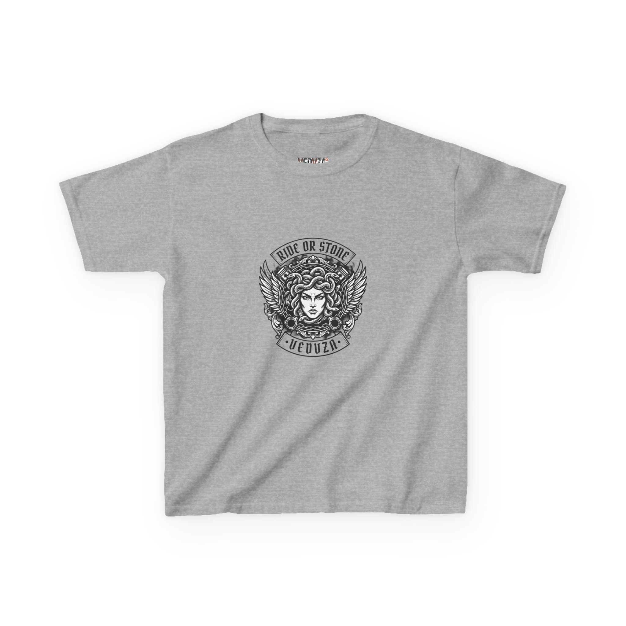 T-shirt Bambini — Grafica Mitica Medusa (Stemma Frontale "corri o ti pietrifico", Illustrazione a Colori sul Retro)