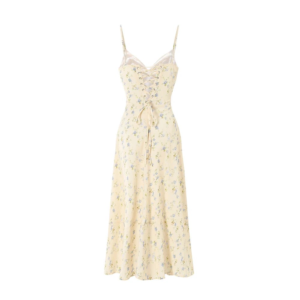 Vestito Midi Floreale Donna — Scollo a V, Allacciatura sul Retro, Linea A, Senza Maniche