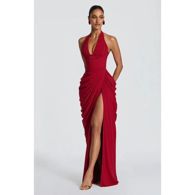 Abito Lungo Elegante con Collo all'Americana — Schiena Scoperta, Vita Segnata, Spacco Maxi