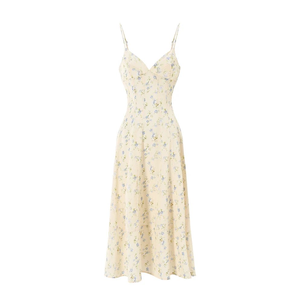 Vestito Midi Floreale Donna — Scollo a V, Allacciatura sul Retro, Linea A, Senza Maniche