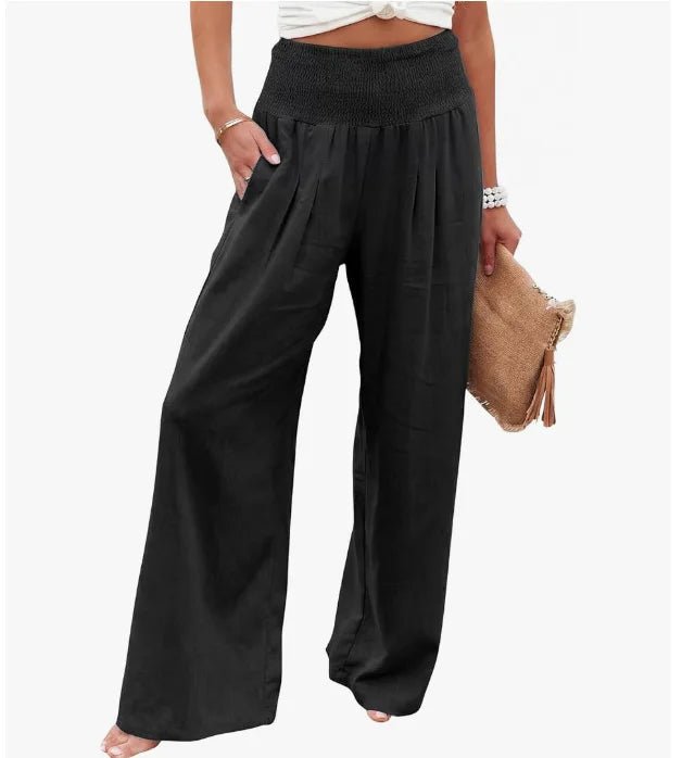 Pantaloni Larghi a Vita Alta – Gamba Ampia, Tinta Unita, Stile Casual Estate