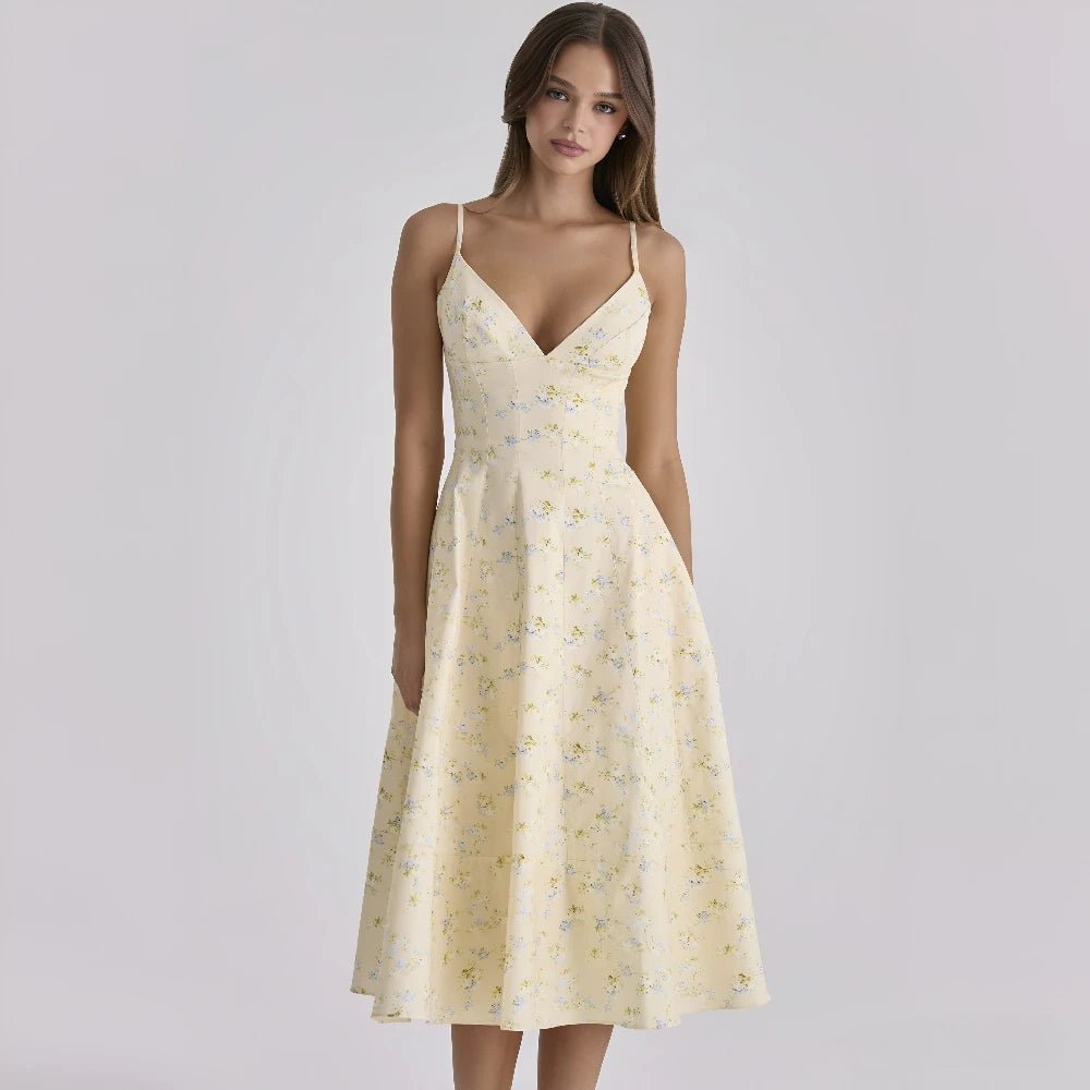 Vestito Midi Floreale Donna — Scollo a V, Allacciatura sul Retro, Linea A, Senza Maniche