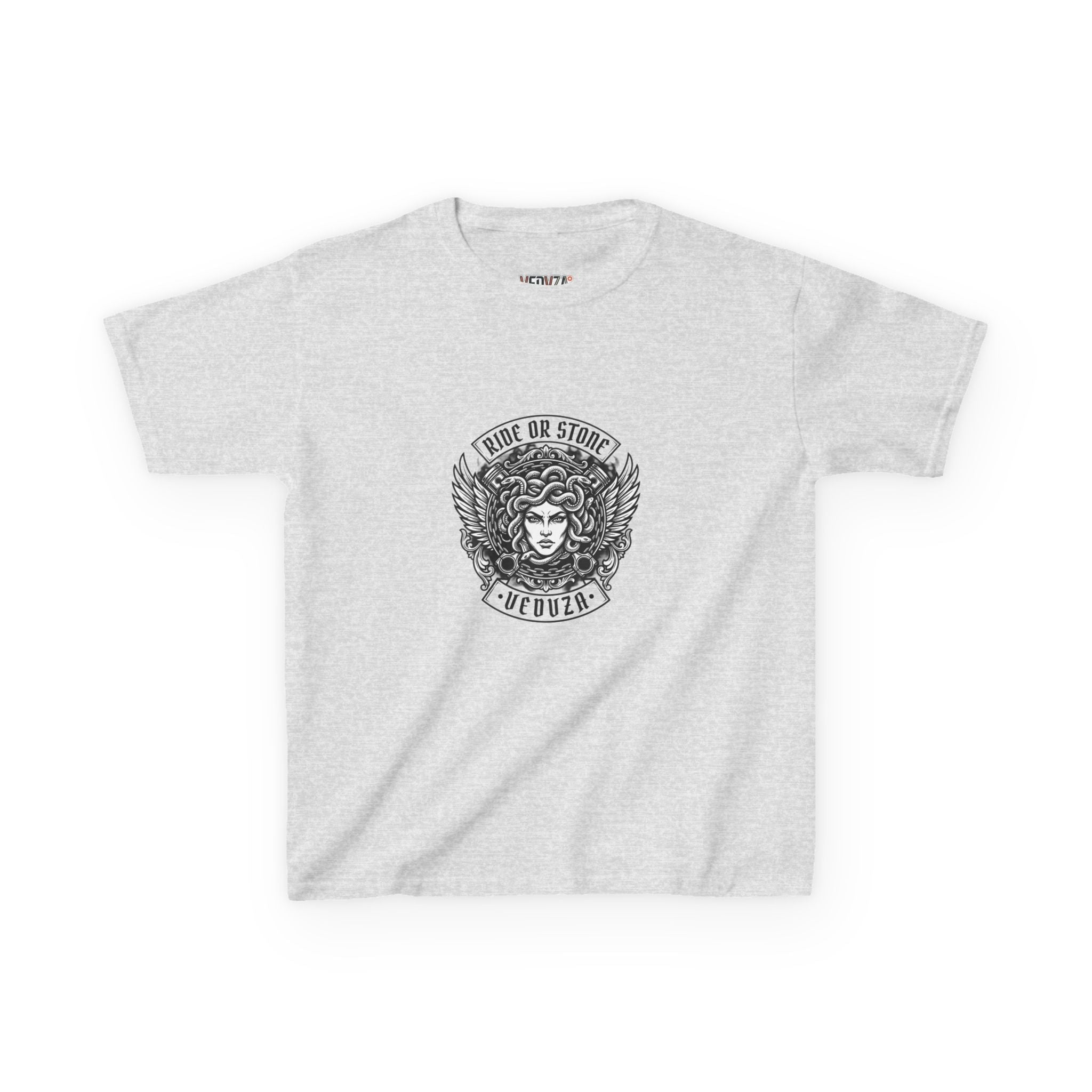 T-shirt Bambini — Grafica Mitica Medusa (Stemma Frontale "corri o ti pietrifico", Illustrazione a Colori sul Retro)