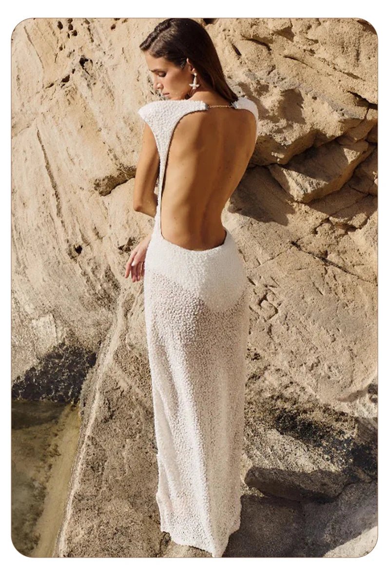 Abito Lungo Bianco Schiena Scoperta – Vestito Bodycon Senza Maniche in Maglia Estate 2026