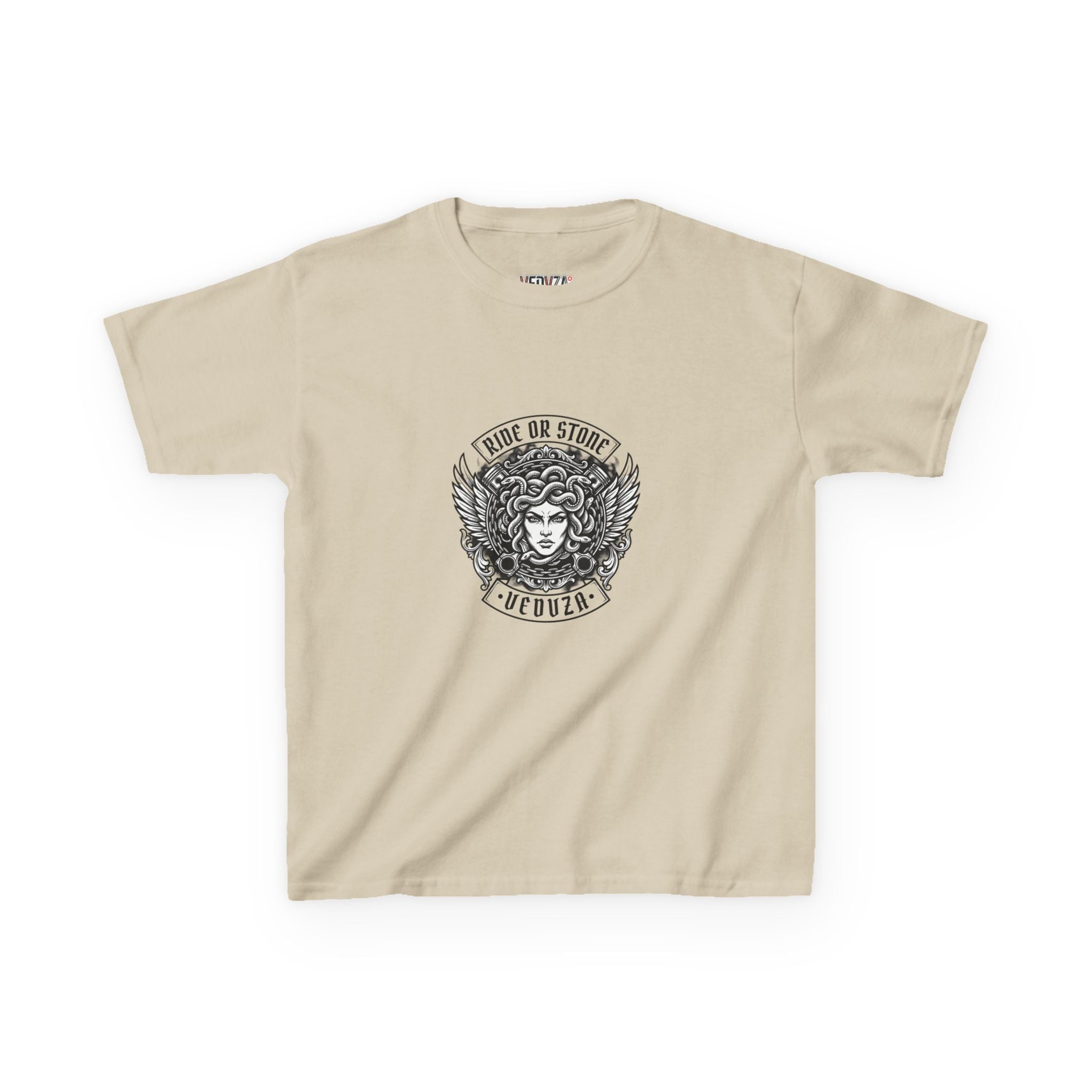 T-shirt Bambini — Grafica Mitica Medusa (Stemma Frontale "corri o ti pietrifico", Illustrazione a Colori sul Retro)