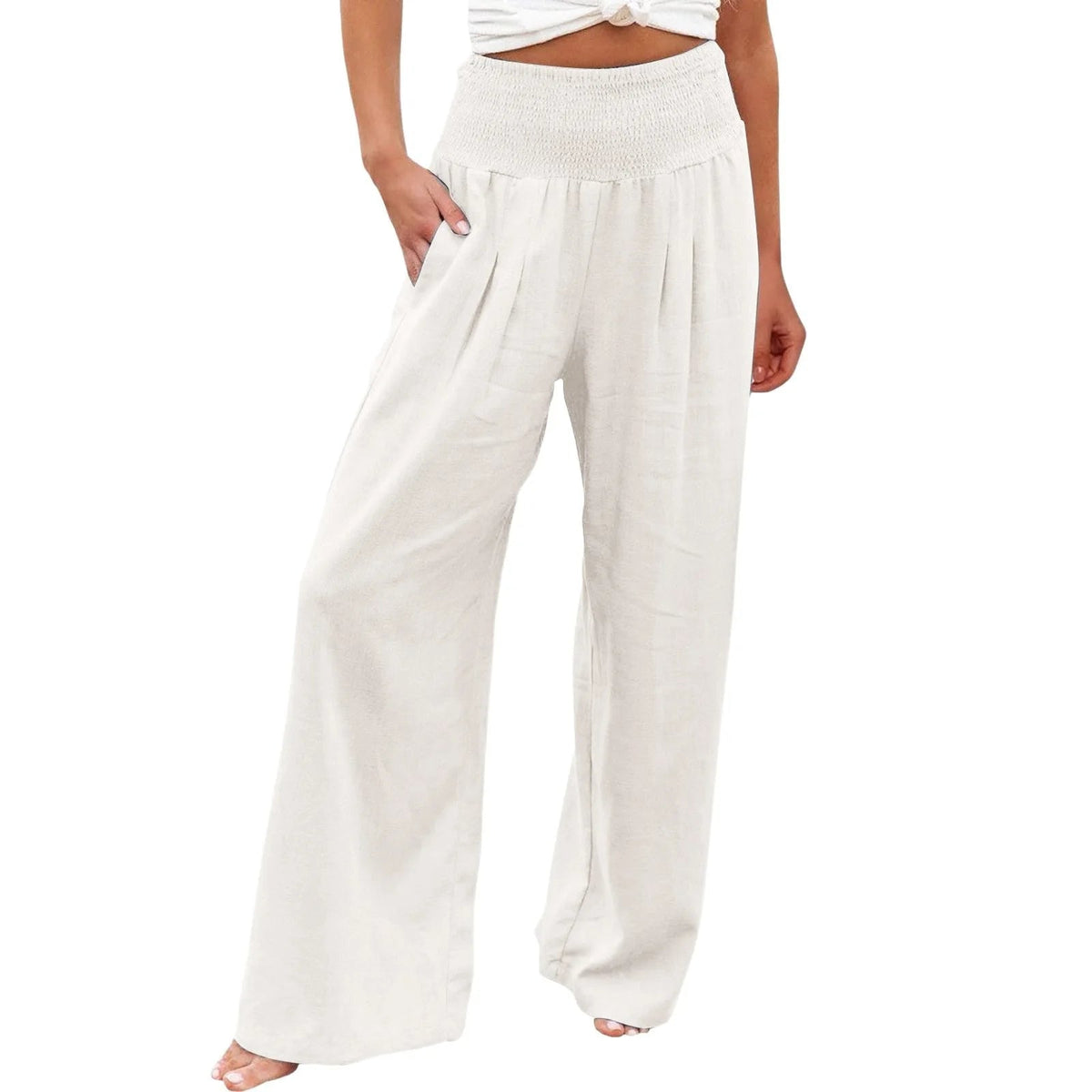Pantaloni Larghi a Vita Alta – Gamba Ampia, Tinta Unita, Stile Casual Estate