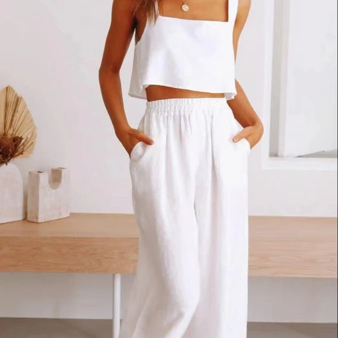 Completo Due Pezzi Donna in Cotone — Top Smanicato Collo Quadrato e Pantaloni a Gamba Larga