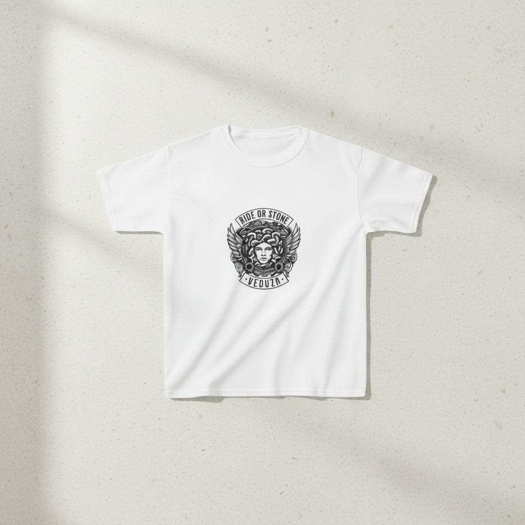 T-shirt Bambini — Grafica Mitica Medusa (Stemma Frontale "corri o ti pietrifico", Illustrazione a Colori sul Retro)