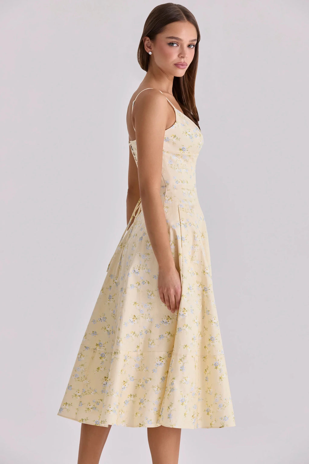 Vestito Midi Floreale Donna — Scollo a V, Allacciatura sul Retro, Linea A, Senza Maniche