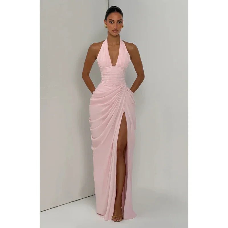 Abito Lungo Elegante con Collo all'Americana — Schiena Scoperta, Vita Segnata, Spacco Maxi