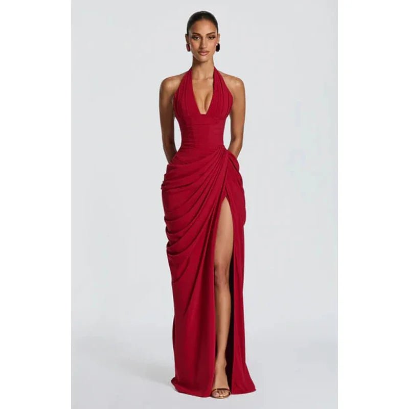 Abito Lungo Elegante con Collo all'Americana — Schiena Scoperta, Vita Segnata, Spacco Maxi