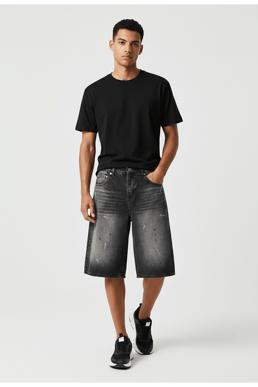 Pantaloncini Jeans Uomo Gamba Larga Vintage Nero