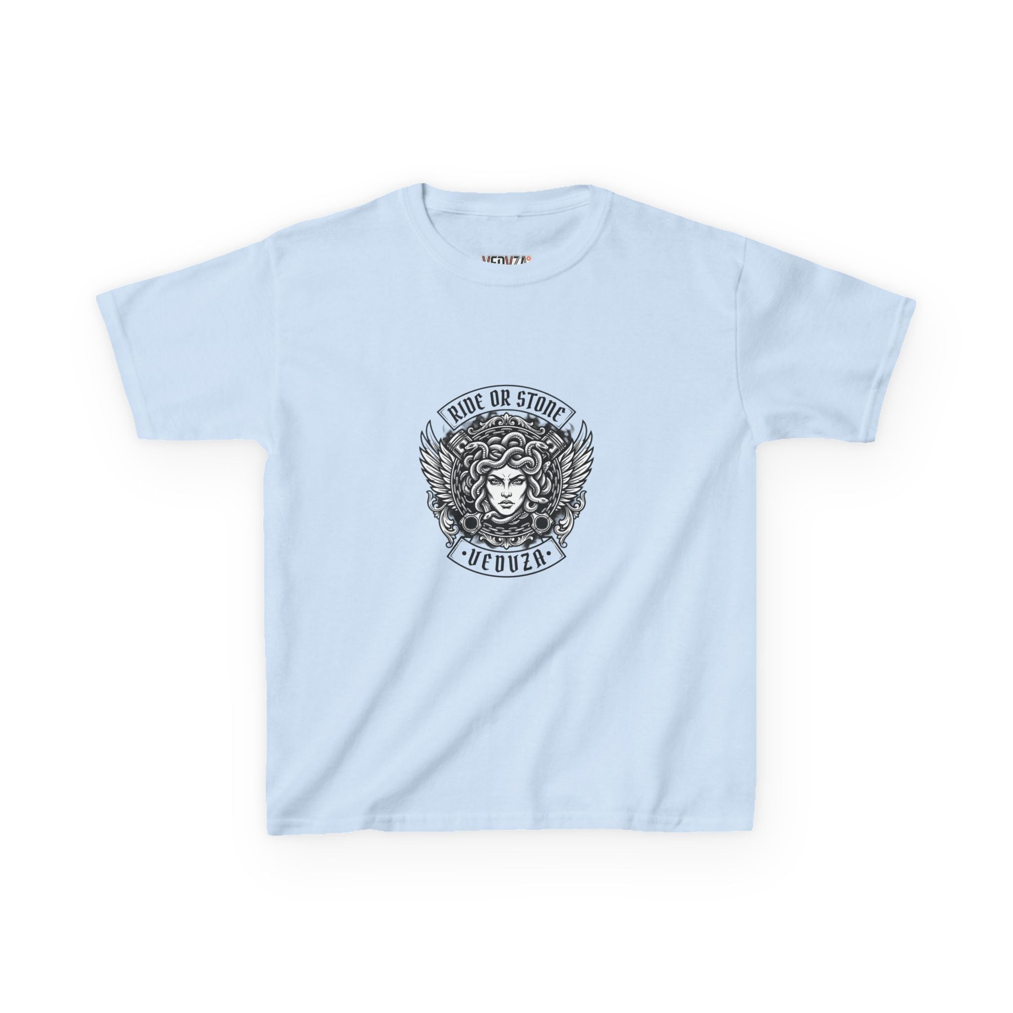 T-shirt Bambini — Grafica Mitica Medusa (Stemma Frontale "corri o ti pietrifico", Illustrazione a Colori sul Retro)