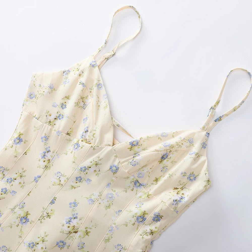 Vestito Midi Floreale Donna — Scollo a V, Allacciatura sul Retro, Linea A, Senza Maniche