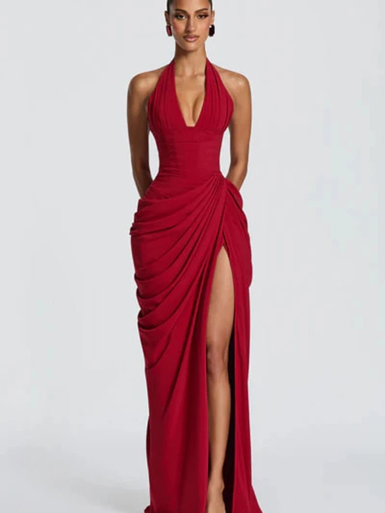 Abito Lungo Elegante con Collo all'Americana — Schiena Scoperta, Vita Segnata, Spacco Maxi